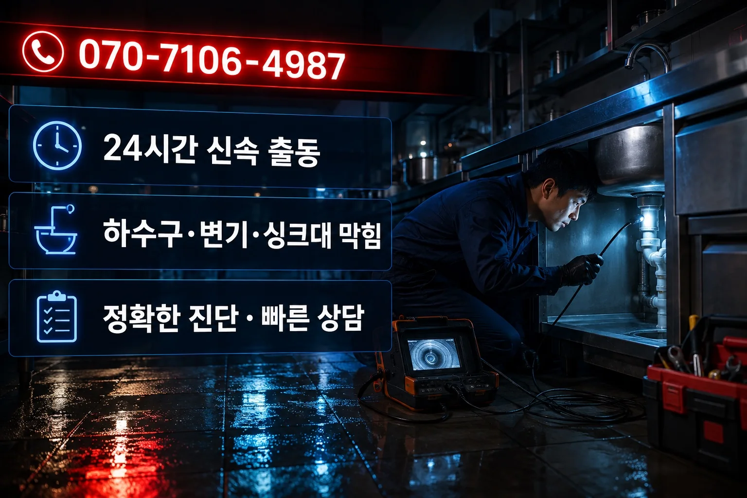 청결배관 야간 상가 싱크대 점검 서비스 안내